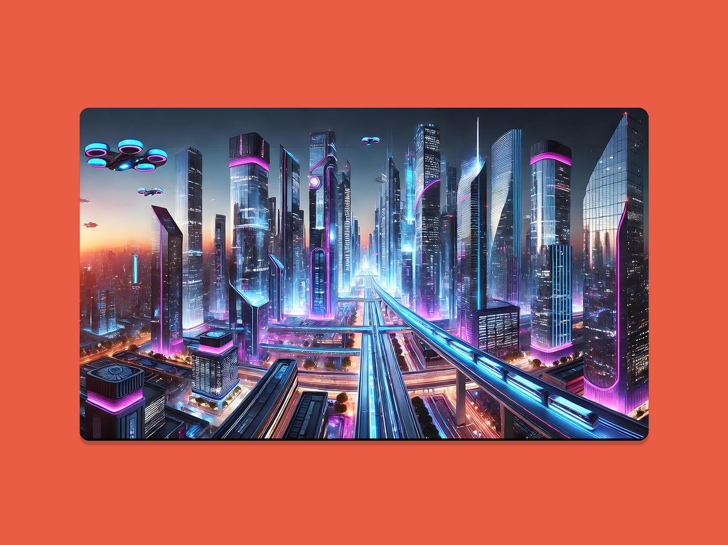 Futuristic Neon City Landscape Gaming Mat - Desk Mat - 3 SIZES