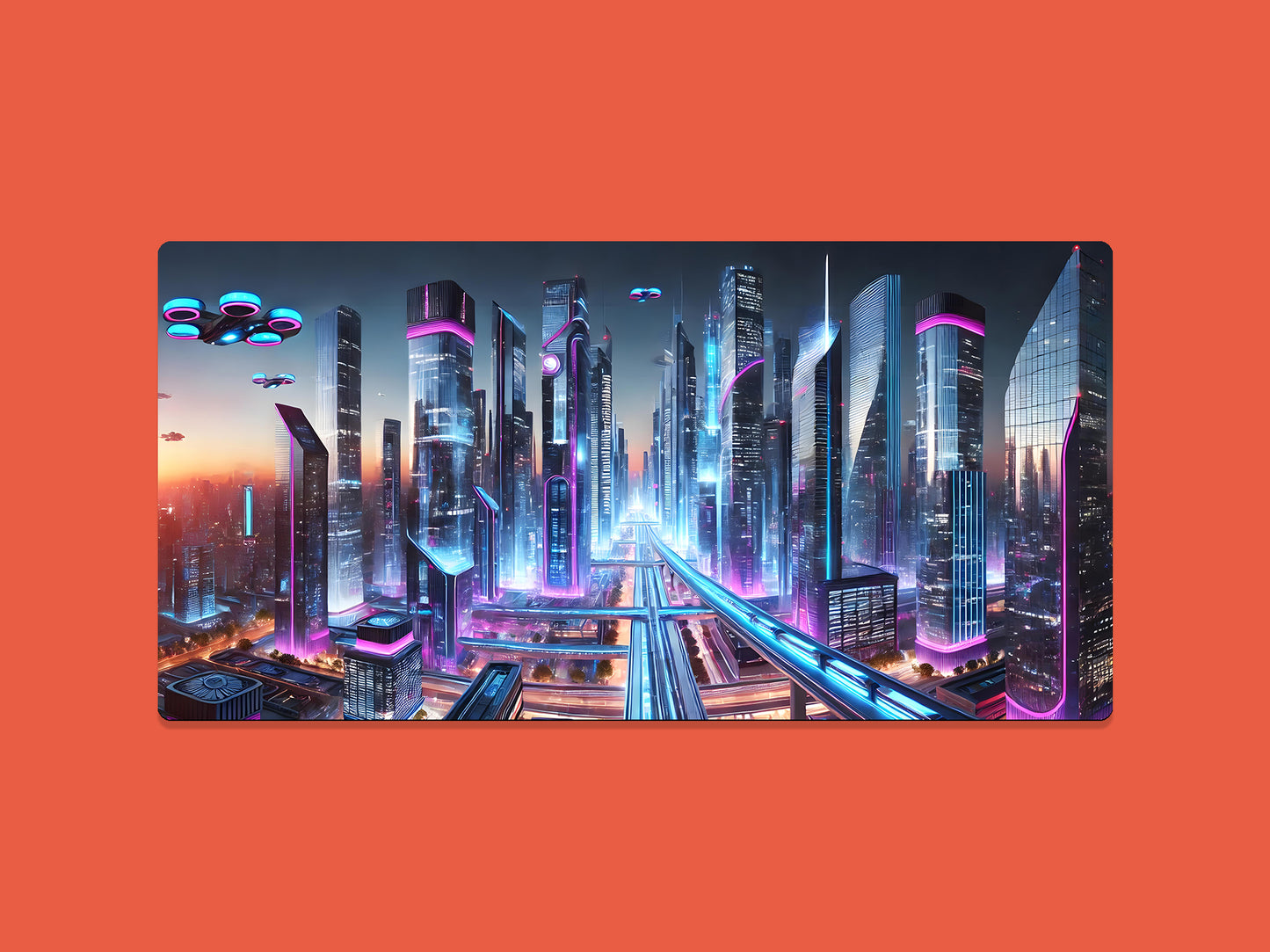 Futuristic Neon City Landscape Gaming Mat - Desk Mat - 3 SIZES