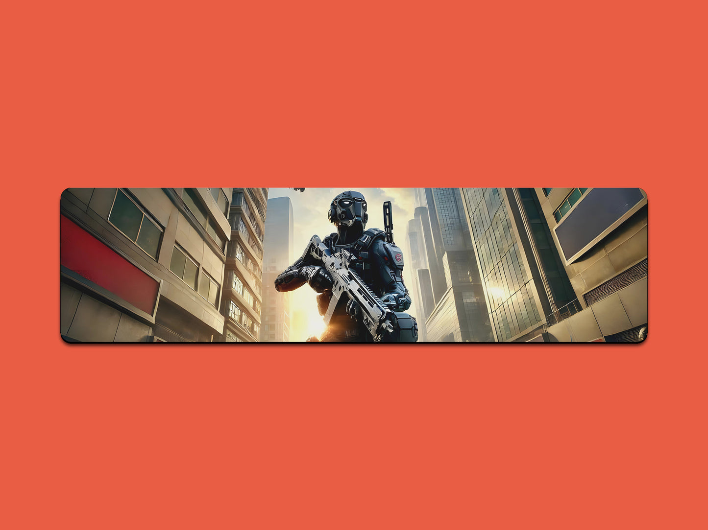 Video Game Soldier in Dystopian City Gaming Mat - Desk Mat - 3 SIZES